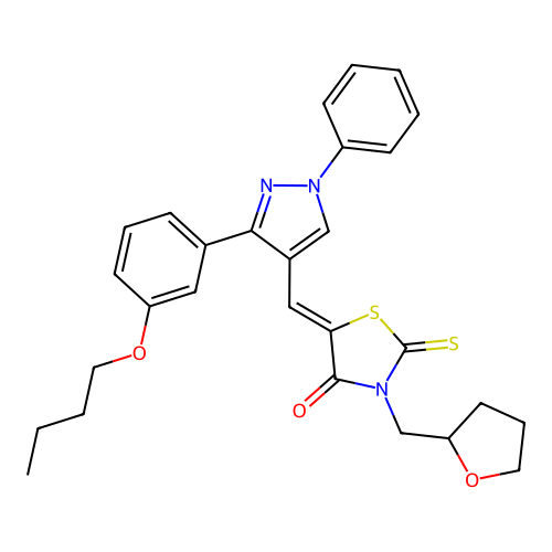 (Z)-5-((3-(3-butoxyphenyl)-1-phenyl-1H-pyrazol-4-yl)methylene)-3-((tetrahydrofuran-2-yl)methyl)-2-thioxothiazolidin-4-one structure