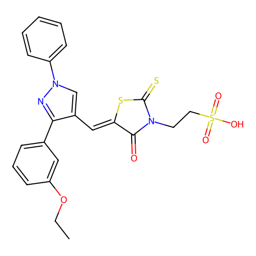2-[(5Z)-5-{[3-(3-ethoxyphenyl)-1-phenyl-1H-pyrazol-4-yl]methylidene}-4-oxo-2-thioxo-1,3-thiazolidin-3-yl]ethanesulfonic acid structure