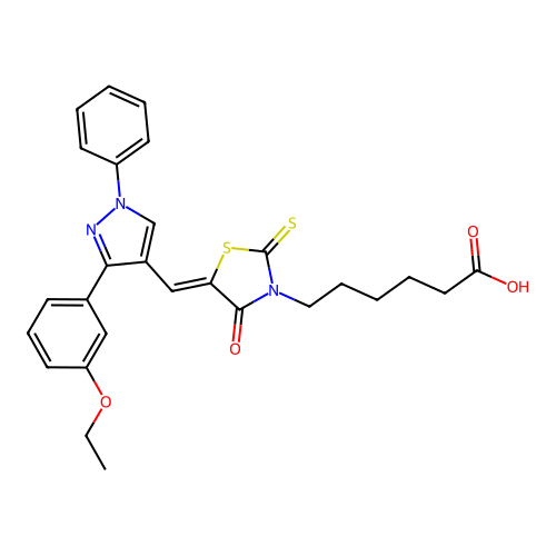 (Z)-6-(5-((3-(3-ethoxyphenyl)-1-phenyl-1H-pyrazol-4-yl)methylene)-4-oxo-2-thioxothiazolidin-3-yl)hexanoic acid structure