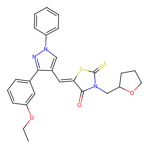 (5Z)-5-{[3-(3-ethoxyphenyl)-1-phenyl-1H-pyrazol-4-yl]methylidene}-3-(tetrahydrofuran-2-ylmethyl)-2-thioxo-1,3-thiazolidin-4-one structure