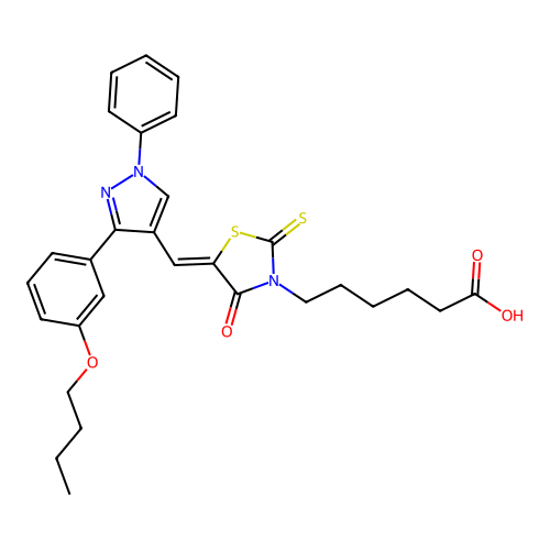 6-[(5Z)-5-{[3-(3-butoxyphenyl)-1-phenyl-1H-pyrazol-4-yl]methylidene}-4-oxo-2-thioxo-1,3-thiazolidin-3-yl]hexanoic acid structure