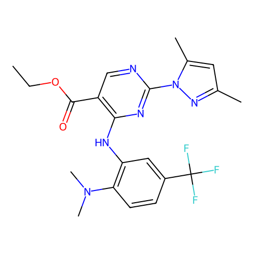 ethyl 2-(3,5-dimethyl-1H-pyrazol-1-yl)-4-((2-(dimethylamino)-5-(trifluoromethyl)phenyl)amino)pyrimidine-5-carboxylate structure