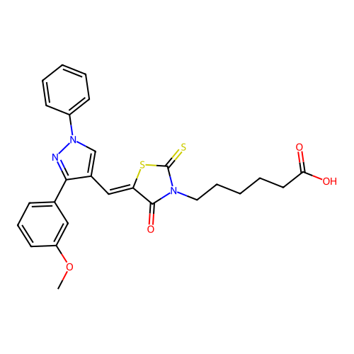 6-[(5Z)-5-{[3-(3-methoxyphenyl)-1-phenyl-1H-pyrazol-4-yl]methylidene}-4-oxo-2-thioxo-1,3-thiazolidin-3-yl]hexanoic acid structure