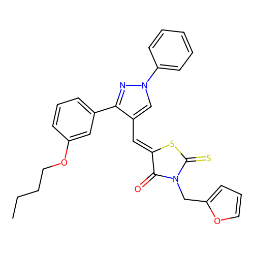 (5Z)-5-{[3-(3-butoxyphenyl)-1-phenyl-1H-pyrazol-4-yl]methylidene}-3-(furan-2-ylmethyl)-2-thioxo-1,3-thiazolidin-4-one structure