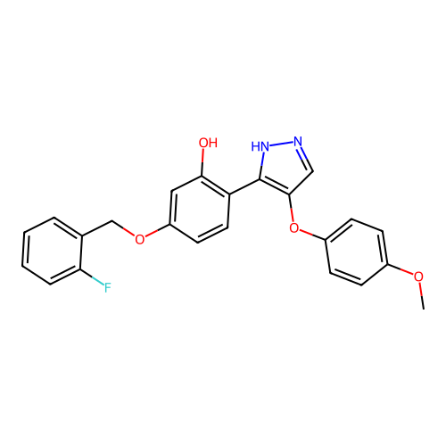 5-((2-fluorobenzyl)oxy)-2-(4-(4-methoxyphenoxy)-1H-pyrazol-3-yl)phenol structure