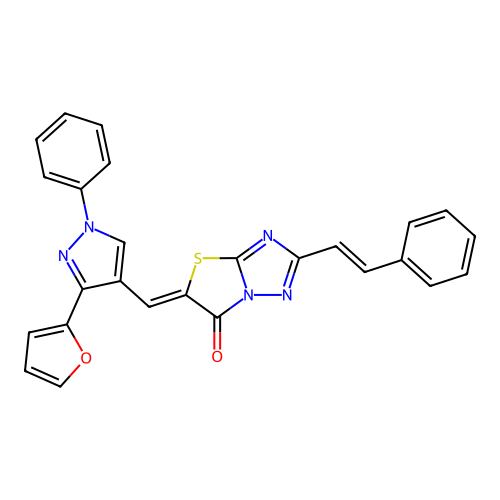 (5Z)-5-[[3-(furan-2-yl)-1-phenylpyrazol-4-yl]methylidene]-2-[(E)-2-phenylethenyl]-[1,3]thiazolo[3,2-b][1,2,4]triazol-6-one structure