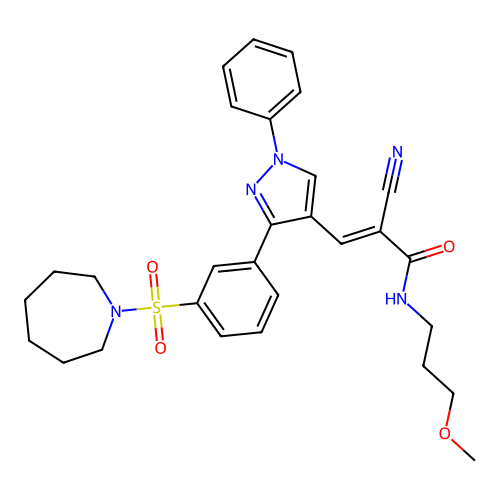 (2E)-3-{3-[3-(azepan-1-ylsulfonyl)phenyl]-1-phenyl-1H-pyrazol-4-yl}-2-cyano-N-(3-methoxypropyl)prop-2-enamide structure