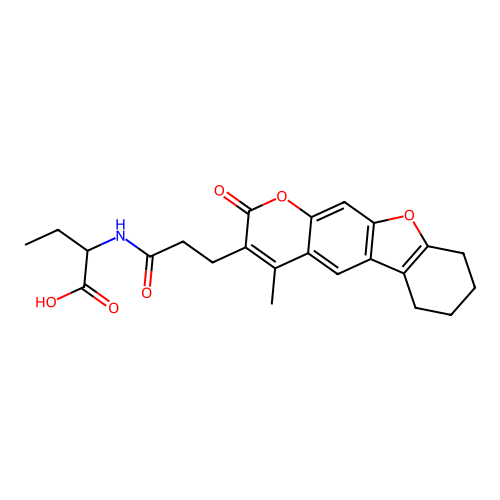 2-(3-(4-methyl-2-oxo-6,7,8,9-tetrahydro-2H-benzofuro[3,2-g]chromen-3-yl)propanamido)butanoic acid structure