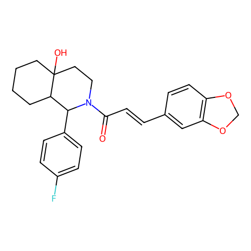 (2E)-3-(1,3-benzodioxol-5-yl)-1-[1-(4-fluorophenyl)-4a-hydroxyoctahydroisoquinolin-2(1H)-yl]prop-2-en-1-one structure