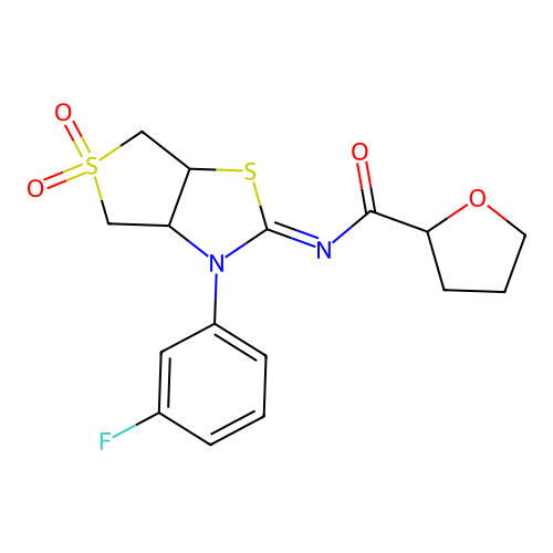 (Z)-N-(3-(3-fluorophenyl)-5,5-dioxidotetrahydrothieno[3,4-d]thiazol-2(3H)-ylidene)tetrahydrofuran-2-carboxamide structure