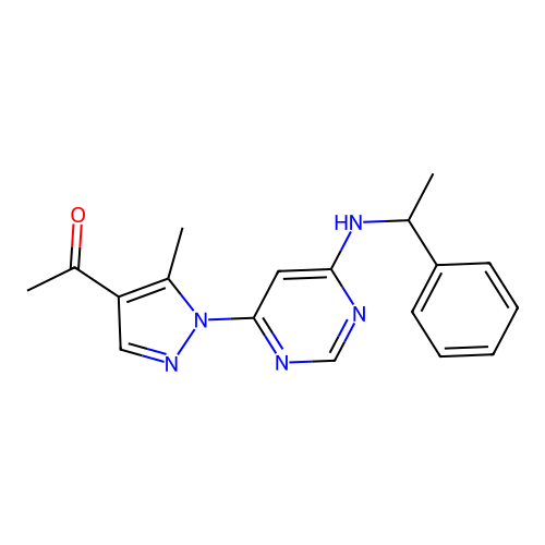 1-(5-methyl-1-(6-((1-phenylethyl)amino)pyrimidin-4-yl)-1H-pyrazol-4-yl)ethanone structure