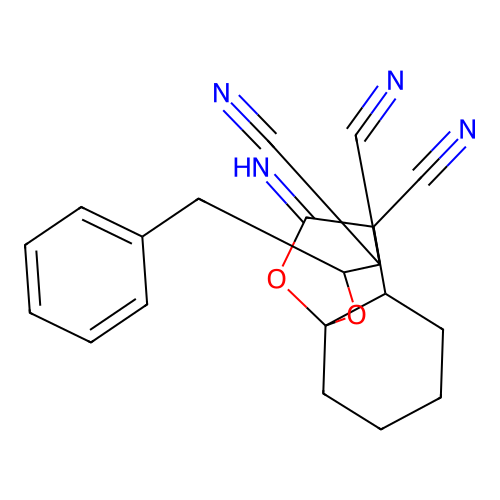 2-benzyl-10-iminohexahydro-8a,4-(epoxymethano)chromene-3,3,4(2H)-tricarbonitrile structure