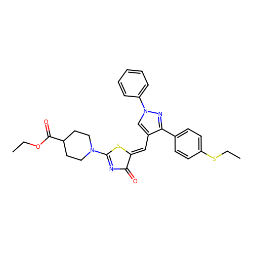 ethyl 1-[(5Z)-5-({3-[4-(ethylsulfanyl)phenyl]-1-phenyl-1H-pyrazol-4-yl}methylidene)-4-oxo-4,5-dihydro-1,3-thiazol-2-yl]piperidine-4-carboxylate structure