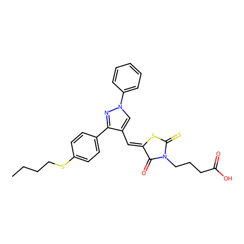 4-[(5Z)-5-({3-[4-(butylsulfanyl)phenyl]-1-phenyl-1H-pyrazol-4-yl}methylidene)-4-oxo-2-thioxo-1,3-thiazolidin-3-yl]butanoic acid structure