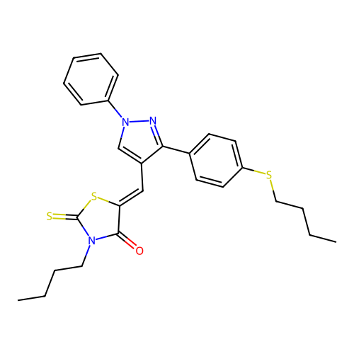 (5Z)-3-butyl-5-({3-[4-(butylsulfanyl)phenyl]-1-phenyl-1H-pyrazol-4-yl}methylidene)-2-thioxo-1,3-thiazolidin-4-one structure