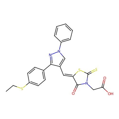 [(5Z)-5-({3-[4-(ethylsulfanyl)phenyl]-1-phenyl-1H-pyrazol-4-yl}methylidene)-4-oxo-2-thioxo-1,3-thiazolidin-3-yl]acetic acid structure