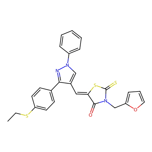 (5Z)-5-({3-[4-(ethylsulfanyl)phenyl]-1-phenyl-1H-pyrazol-4-yl}methylidene)-3-(furan-2-ylmethyl)-2-thioxo-1,3-thiazolidin-4-one structure