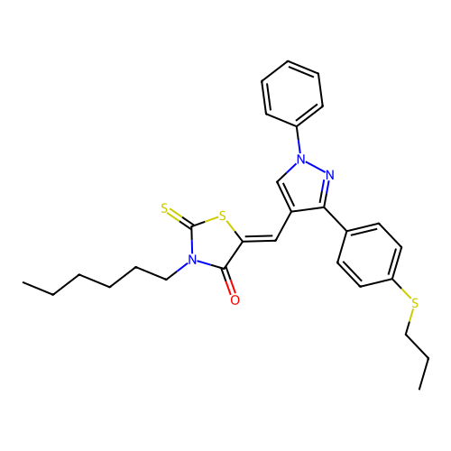 (5Z)-3-hexyl-5-({1-phenyl-3-[4-(propylsulfanyl)phenyl]-1H-pyrazol-4-yl}methylidene)-2-thioxo-1,3-thiazolidin-4-one structure
