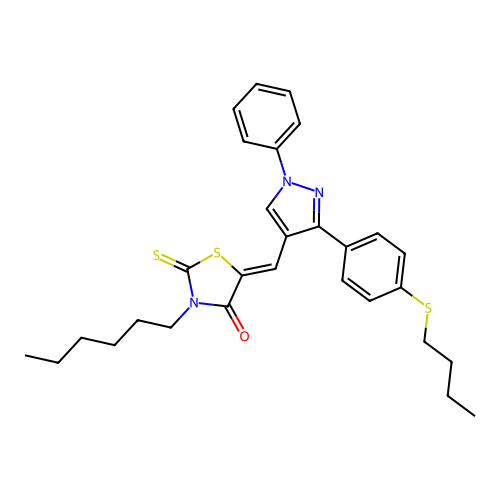 (5Z)-5-({3-[4-(butylsulfanyl)phenyl]-1-phenyl-1H-pyrazol-4-yl}methylidene)-3-hexyl-2-thioxo-1,3-thiazolidin-4-one structure