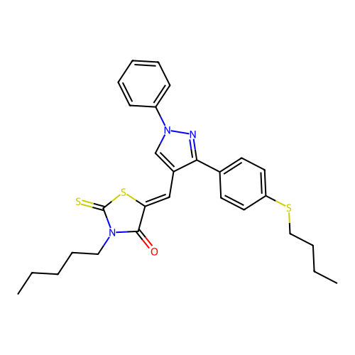 (5Z)-5-({3-[4-(butylsulfanyl)phenyl]-1-phenyl-1H-pyrazol-4-yl}methylidene)-3-pentyl-2-thioxo-1,3-thiazolidin-4-one structure