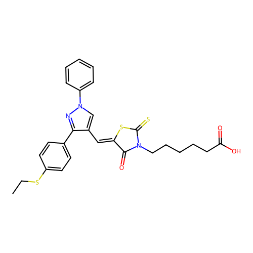 (Z)-6-(5-((3-(4-(ethylthio)phenyl)-1-phenyl-1H-pyrazol-4-yl)methylene)-4-oxo-2-thioxothiazolidin-3-yl)hexanoic acid structure