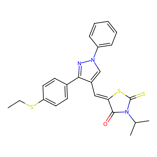 (Z)-5-((3-(4-(ethylthio)phenyl)-1-phenyl-1H-pyrazol-4-yl)methylene)-3-isopropyl-2-thioxothiazolidin-4-one structure