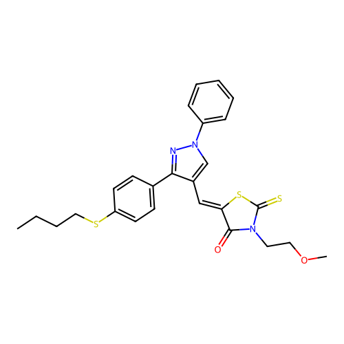 (5Z)-5-({3-[4-(butylsulfanyl)phenyl]-1-phenyl-1H-pyrazol-4-yl}methylidene)-3-(2-methoxyethyl)-2-thioxo-1,3-thiazolidin-4-one structure