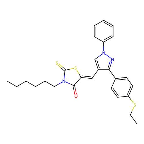 (5Z)-5-({3-[4-(ethylsulfanyl)phenyl]-1-phenyl-1H-pyrazol-4-yl}methylidene)-3-hexyl-2-thioxo-1,3-thiazolidin-4-one structure