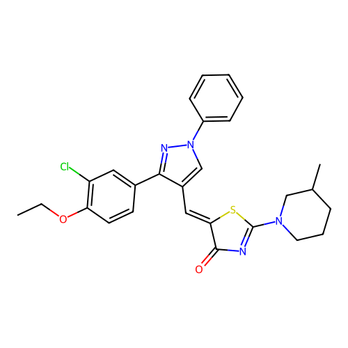 (5Z)-5-{[3-(3-chloro-4-ethoxyphenyl)-1-phenyl-1H-pyrazol-4-yl]methylidene}-2-(3-methylpiperidin-1-yl)-1,3-thiazol-4(5H)-one structure