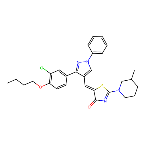 (5Z)-5-{[3-(4-butoxy-3-chlorophenyl)-1-phenyl-1H-pyrazol-4-yl]methylidene}-2-(3-methylpiperidin-1-yl)-1,3-thiazol-4(5H)-one structure