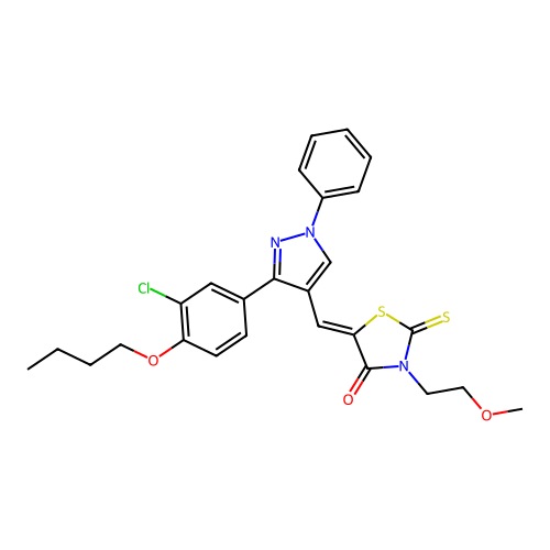 (5Z)-5-{[3-(4-butoxy-3-chlorophenyl)-1-phenyl-1H-pyrazol-4-yl]methylidene}-3-(2-methoxyethyl)-2-thioxo-1,3-thiazolidin-4-one structure