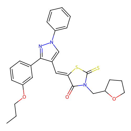 (5Z)-5-{[1-phenyl-3-(3-propoxyphenyl)-1H-pyrazol-4-yl]methylidene}-3-(tetrahydrofuran-2-ylmethyl)-2-thioxo-1,3-thiazolidin-4-one structure