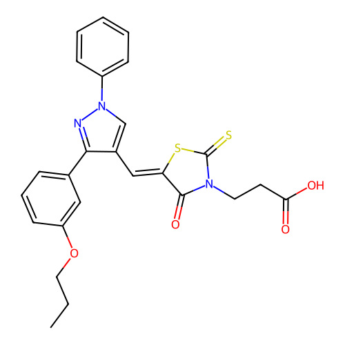 3-[(5Z)-4-oxo-5-{[1-phenyl-3-(3-propoxyphenyl)-1H-pyrazol-4-yl]methylidene}-2-thioxo-1,3-thiazolidin-3-yl]propanoic acid structure
