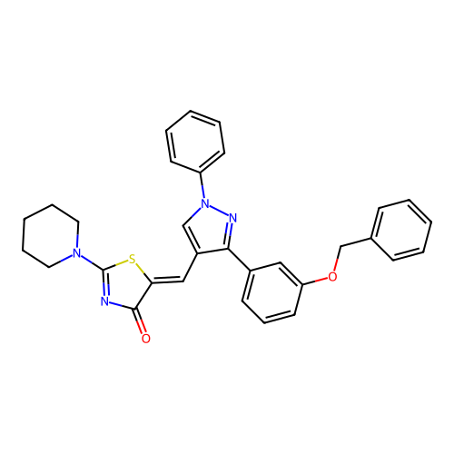 (5Z)-5-({3-[3-(benzyloxy)phenyl]-1-phenyl-1H-pyrazol-4-yl}methylidene)-2-(piperidin-1-yl)-1,3-thiazol-4(5H)-one structure