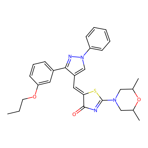 (5Z)-2-(2,6-dimethylmorpholin-4-yl)-5-{[1-phenyl-3-(3-propoxyphenyl)-1H-pyrazol-4-yl]methylidene}-1,3-thiazol-4(5H)-one structure