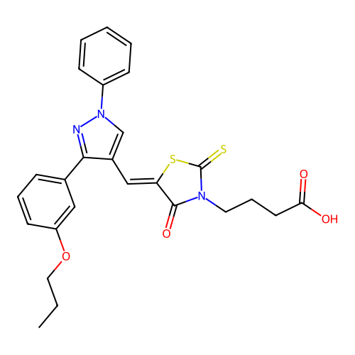 4-[(5Z)-4-oxo-5-{[1-phenyl-3-(3-propoxyphenyl)-1H-pyrazol-4-yl]methylidene}-2-thioxo-1,3-thiazolidin-3-yl]butanoic acid structure