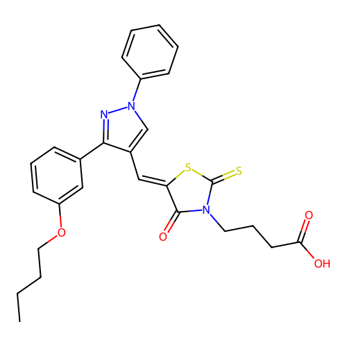4-[(5Z)-5-{[3-(3-butoxyphenyl)-1-phenyl-1H-pyrazol-4-yl]methylidene}-4-oxo-2-thioxo-1,3-thiazolidin-3-yl]butanoic acid structure
