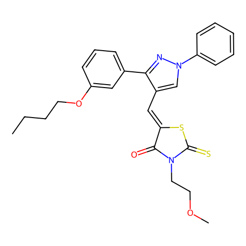 (5Z)-5-[[3-(3-butoxyphenyl)-1-phenylpyrazol-4-yl]methylidene]-3-(2-methoxyethyl)-2-sulfanylidene-1,3-thiazolidin-4-one structure