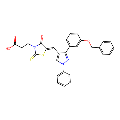 3-[(5Z)-5-({3-[3-(benzyloxy)phenyl]-1-phenyl-1H-pyrazol-4-yl}methylidene)-4-oxo-2-thioxo-1,3-thiazolidin-3-yl]propanoic acid structure