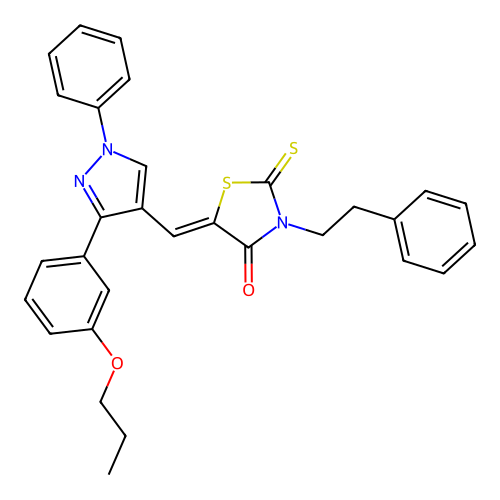 (5Z)-3-(2-phenylethyl)-5-{[1-phenyl-3-(3-propoxyphenyl)-1H-pyrazol-4-yl]methylidene}-2-thioxo-1,3-thiazolidin-4-one structure