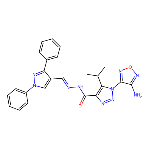 (E)-1-(4-amino-1,2,5-oxadiazol-3-yl)-N'-((1,3-diphenyl-1H-pyrazol-4-yl)methylene)-5-isopropyl-1H-1,2,3-triazole-4-carbohydrazide structure