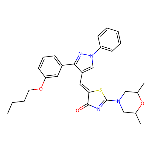 (5Z)-5-{[3-(3-butoxyphenyl)-1-phenyl-1H-pyrazol-4-yl]methylidene}-2-(2,6-dimethylmorpholin-4-yl)-1,3-thiazol-4(5H)-one structure