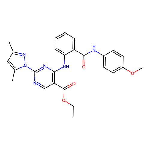 ethyl 2-(3,5-dimethyl-1H-pyrazol-1-yl)-4-((2-((4-methoxyphenyl)carbamoyl)phenyl)amino)pyrimidine-5-carboxylate structure