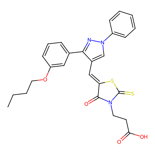 3-[(5Z)-5-{[3-(3-butoxyphenyl)-1-phenyl-1H-pyrazol-4-yl]methylidene}-4-oxo-2-thioxo-1,3-thiazolidin-3-yl]propanoic acid structure