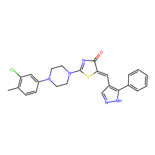 (5Z)-2-[4-(3-chloro-4-methylphenyl)piperazin-1-yl]-5-[(5-phenyl-1H-pyrazol-4-yl)methylidene]-1,3-thiazol-4(5H)-one structure