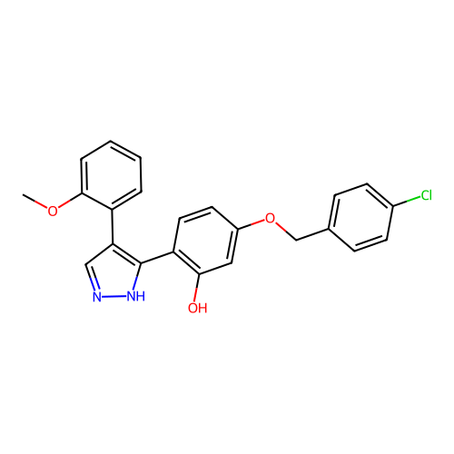 5-((4-chlorobenzyl)oxy)-2-(4-(2-methoxyphenyl)-1H-pyrazol-3-yl)phenol structure