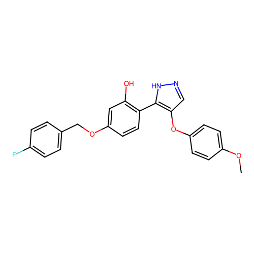 5-[(4-fluorobenzyl)oxy]-2-[4-(4-methoxyphenoxy)-1H-pyrazol-3-yl]phenol structure