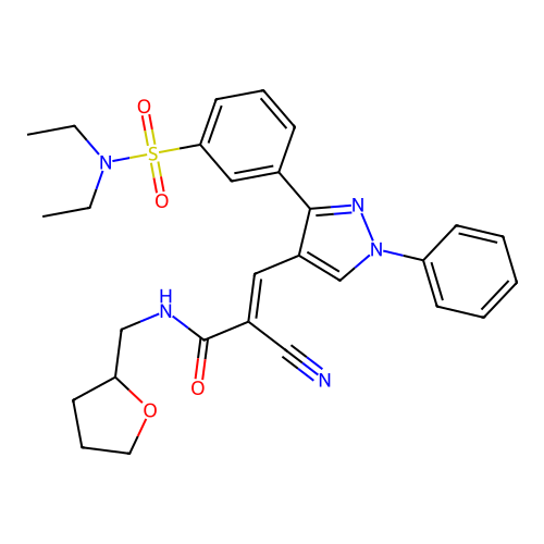 (2E)-2-cyano-3-{3-[3-(diethylsulfamoyl)phenyl]-1-phenyl-1H-pyrazol-4-yl}-N-(tetrahydrofuran-2-ylmethyl)prop-2-enamide structure