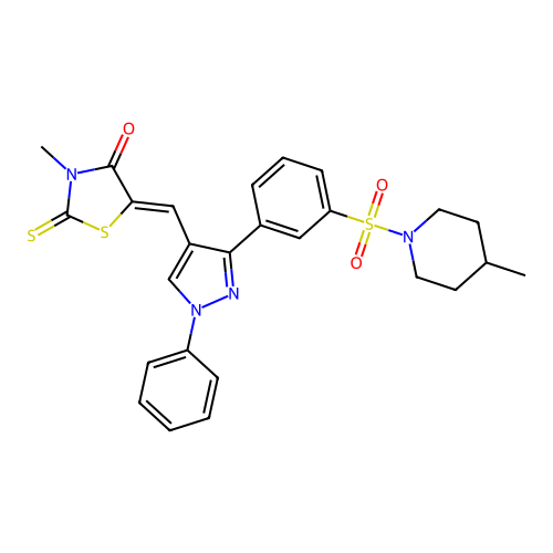 (5Z)-3-methyl-5-[(3-{3-[(4-methylpiperidin-1-yl)sulfonyl]phenyl}-1-phenyl-1H-pyrazol-4-yl)methylidene]-2-thioxo-1,3-thiazolidin-4-one structure