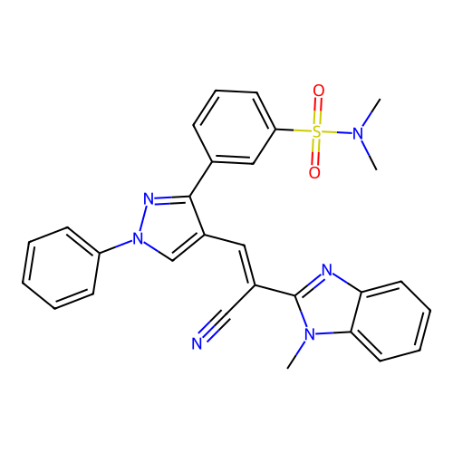 (E)-3-(4-(2-cyano-2-(1-methyl-1H-benzo[d]imidazol-2-yl)vinyl)-1-phenyl-1H-pyrazol-3-yl)-N,N-dimethylbenzenesulfonamide structure